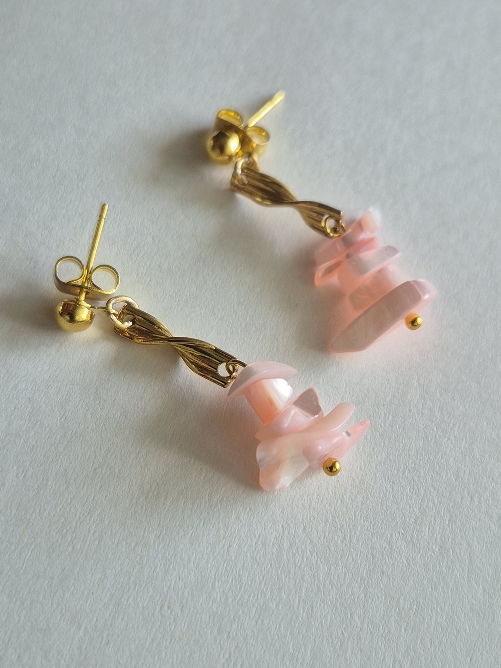 Handmade Pink Mother Of Pearl Shell Chip Drop Earrings - Gold Accents - Picture 3 of 6